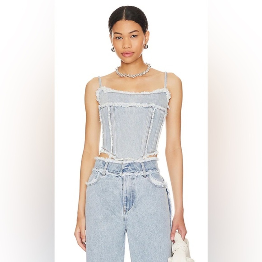 By.Dyln 100% Cotton Sleeveless Light Blue Frayed Corset Montanna Denim Top